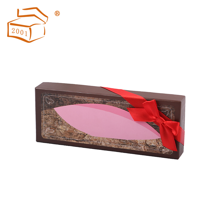 Lid and base chocolate paper gift box with ribbon